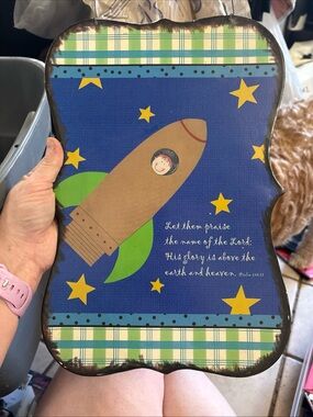Faith-Based Children's Rocket Wall Art in Blue and Green
